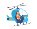 Happy little kid girl controls a blue helicopter a vector illustration Royalty Free Stock Photo