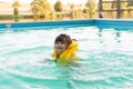 Happy little kid girl having fun in an swimming pool. Active happy preschool child learning to swim.