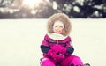 Happy little kid on sled outdoors in winter Royalty Free Stock Photo