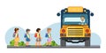 Happy little kids boys and girls ride yellow school bus and go to school