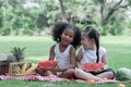 Happy little kids girl African and Caucasian eating watermelon while talking and sitting on grass picnic in the park with basket Royalty Free Stock Photo