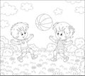 Happy little kids playing a big striped ball