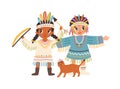 Happy little kids playing Indians. Children wearing tribal costumes, feathers of native Americans. Cute boy, girl and Royalty Free Stock Photo