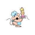 Happy little mouse with sweets. Mouse cook illustration continuous line drawing. Vector illustration