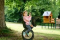 Happy little preschool girl having fun on swing in domestic garden. Healthy toddler child swinging on summer day Royalty Free Stock Photo