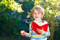 Happy little preschool kid boy with glasses, books, apple and backpack on his first day to school or nursery. Funny Royalty Free Stock Photo