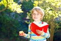 Happy little preschool kid boy with glasses, books, apple and backpack on his first day to school or nursery. Funny Royalty Free Stock Photo