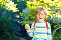 Happy little preschool kid boy with glasses, books, apple and backpack on his first day to school or nursery. Funny Royalty Free Stock Photo