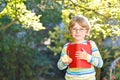 Happy little preschool kid boy with glasses, books, apple and backpack on his first day to school or nursery. Funny Royalty Free Stock Photo