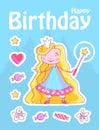 Happy Little Princess Birthday Card Template with Fairy Girl with Crown, Magic Wand. Flower, Star, Candy and Pink Heart. Vector il Royalty Free Stock Photo