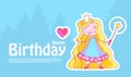 Happy Little Princess Birthday Card Template with Fairy Girl with Crown, Magic Wand and Pink Heart. Vector illustration Royalty Free Stock Photo