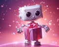 Happy little robot giving a gift over a pink background.