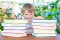 Happy little schoolboy with glasses and books Royalty Free Stock Photo