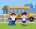 happy little schoolboys in the bus stop