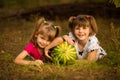 Happy little sisters lie on grass and hug very big watermelon in sunny day Royalty Free Stock Photo