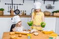 Cute little sisters play and prepare meal at white modern kitchen at home