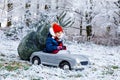 Happy little smiling girl driving toy car with Christmas tree. Funny preschool child in winter clothes bringing hewed Royalty Free Stock Photo