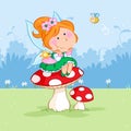 Happy little spring fairy sitting on the red mushroom and bee Royalty Free Stock Photo