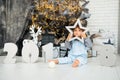 Happy little star. New Year 2018, Christmas. Smiling funny two year old baby girl. Royalty Free Stock Photo