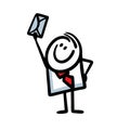 Happy little stick figure man in office suit gives mail envelope with important letter.