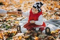Happy little toddler baby daughter with red thermos and cup in autumn picnic in fall nature background Royalty Free Stock Photo