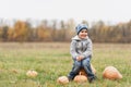 Happy little toddler boy on pumpkin patch on autumn day, with pumpkins for halloween or thanksgiving Royalty Free Stock Photo