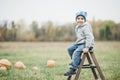 Happy little toddler boy on pumpkin patch on cold autumn day, with a lot of pumpkins for halloween or thanksgiving Royalty Free Stock Photo