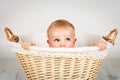 Happy little toddler sitting in the wicker basket