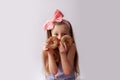 Chocolate donuts in girls hands. Royalty Free Stock Photo