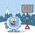 Happy Little Yeti Cartoon Mascot Character Holding Up A Winter Shovel Royalty Free Stock Photo