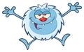 Happy Little Yeti Cartoon Mascot Character Jumping Up With Open Arms.