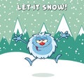 Happy Little Yeti Cartoon Mascot Character Jumping Up With Open Arms