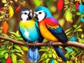 A Couple of animals, two cute birds fall in love sitting on branch. Royalty Free Stock Photo