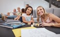 Happy, living room and mother playing with her child while bonding with the family in modern home. Education, happiness Royalty Free Stock Photo