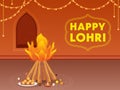 Happy Lohri Celebration Background With Bonfire, Indian Sweet Ladoo, Rewri, Lit Oil Lamp Diya Over Rangoli