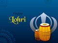Happy Lohri Celebration Concept with Dhol Instruments and Khanda (Sikh Symbol) on Blue Mandala Pattern