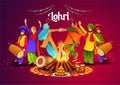 Happy Lohri festival of Punjab Indian harvest background. vector illustration of two girls playing lohri dance