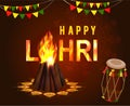 Happy Lohri Punjab India festival greeting card witn Lohri bonfire and decorated drum.