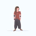 Happy long haired man hippie standing pose smiling guy wearing trendy clothes male cartoon character full length flat