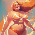 Happy long haired redhead plus size girl. A bright woman in a two-piece swimsuit with a magnificent figure. acceptance