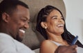 Happy, love and black couple on a smartphone in bed browsing on social media, mobile app or internet. Happiness Royalty Free Stock Photo