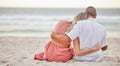 Happy, love and couple on a beach hug watching the sunset, beach waves and sea together. Happy boyfriend and girlfriend Royalty Free Stock Photo