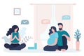 Happy love couple, female guru sitting in lotus yoga pose. Beauty pregnant woman and handsome man in living room Royalty Free Stock Photo