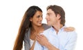 Happy, love and couple hug in studio, smile and relax while bonding on white background. Interracial, marriage and