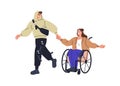 Happy love couple, man and woman in wheelchair. Person with disability in romantic relationships. Young enamored people