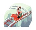 Happy love couple riding roller coaster car. Entertainment of careless free people in amusement park. Fast speed concept Royalty Free Stock Photo