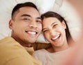 A happy and in love couple taking a selfie while smiling, laughing and looking cute portrait. Romantic, fun and sweet