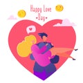 Romantic vector illustration on love story theme. Couple in love, man holding his beloved girlfriend in his arms, carries on hands Royalty Free Stock Photo