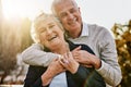 Happy, love and portrait of senior couple enjoying bonding, quality time and relax in morning. Nature, retirement and Royalty Free Stock Photo