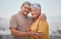 Happy, love and portrait of a senior couple in retirement, bonding and embracing in nature. Happiness, smile and elderly Royalty Free Stock Photo